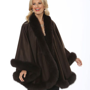 Dark Brown Fox Trimmed Cashmere Cape - Your Lady